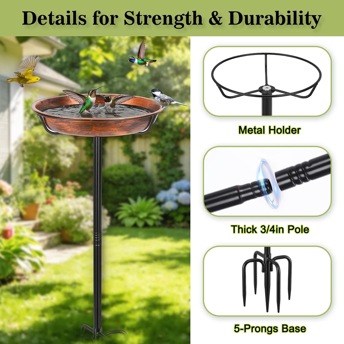 Gtongoko Metal Bird Bath for Outdoors, 34" Tall Bird Bath with 12" Removable Bowl, Heavy Duty 5-Prong Stable Base, Easy-to-Clean Heavy Duty Birdbath & Bird Feeder for Garden, Patio, Yard