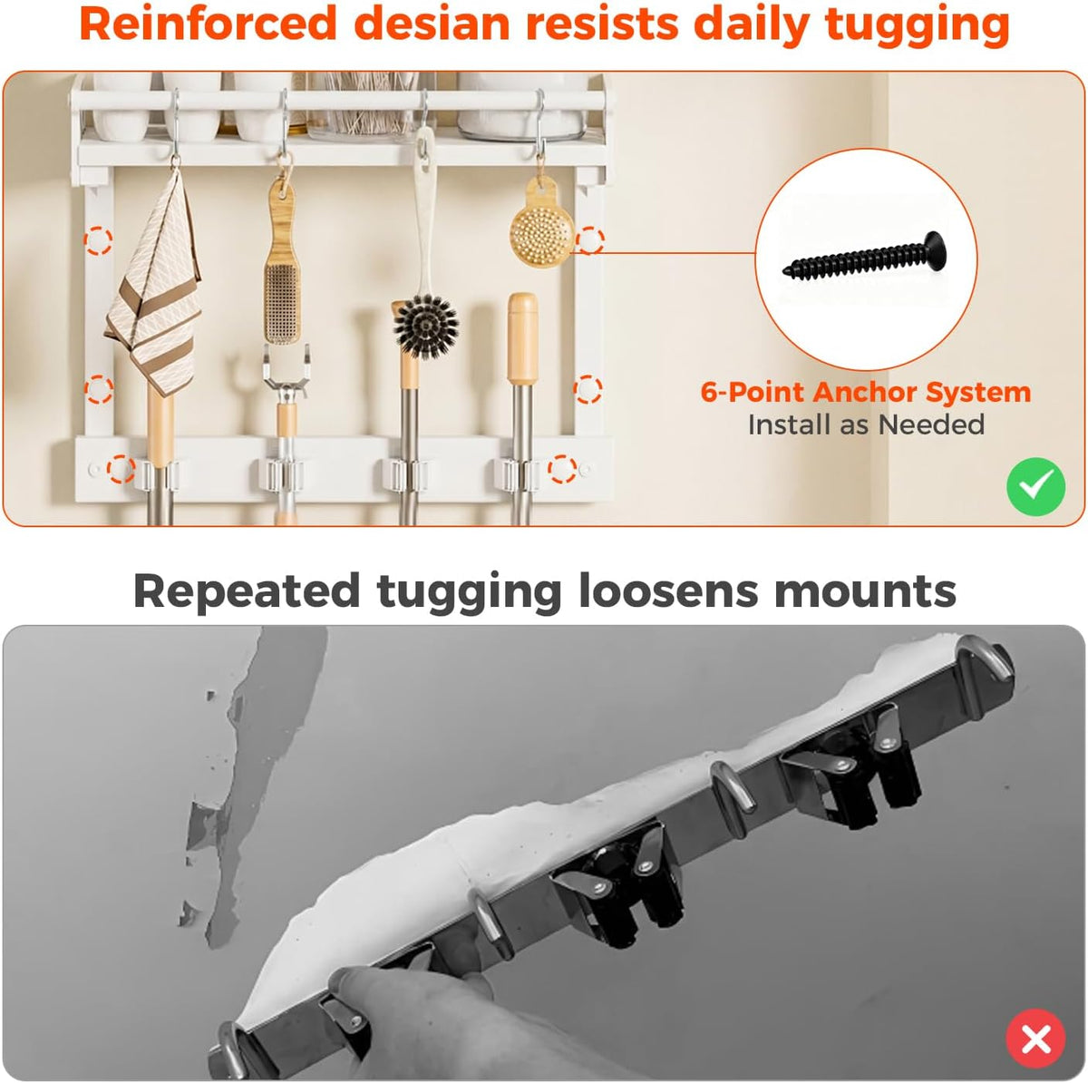 Broom Holder Wall Mount with Shelf – Broom Hanger with 4 Hooks – Broom Rack - Field & Nook