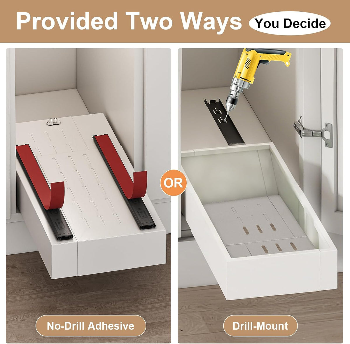 Fokyfok 2Pc Pull out Cabinet Organizer,7"-11"W,17"-24"D,Expandable | No Drill,Adjustable,Roll out Drawers,Adhesive Sliding Drawers,Slide out Shelves for Cabinets Without Lip,Kitchen,Pantry,White - Field & Nook