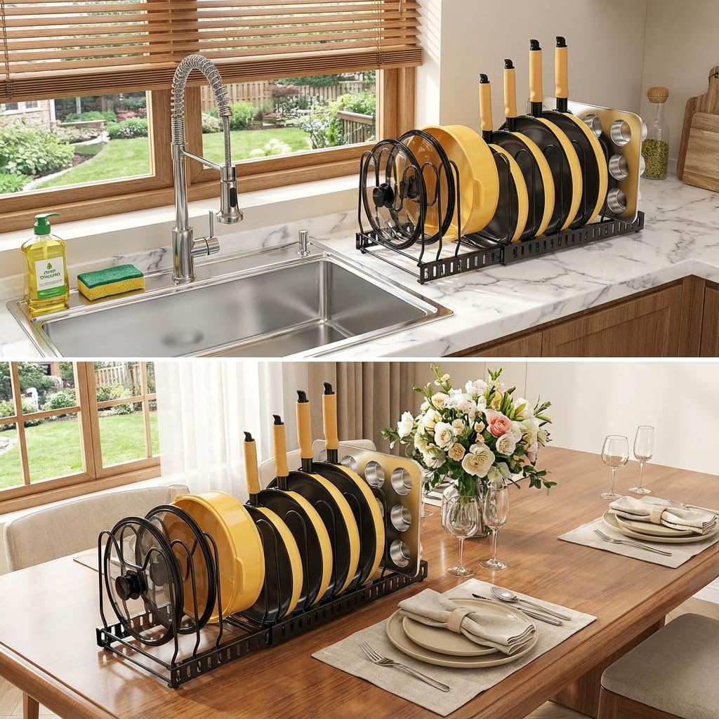 Expandable Pot and Pan Organizer Rack, 12 Compartments