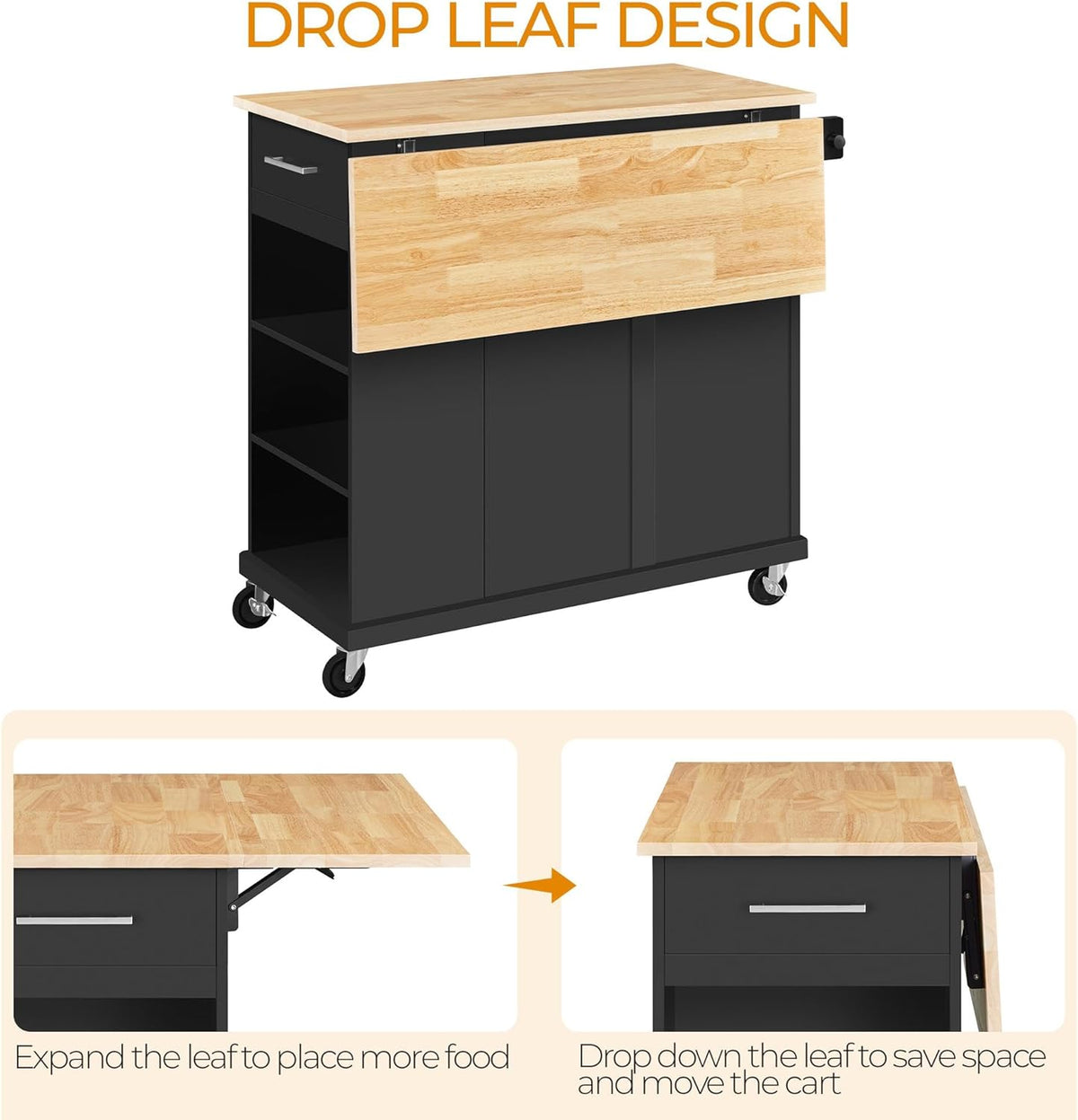 Rolling Kitchen Island Cart – Drop Leaf, Drawers, Cabinet & Towel Bar, Black
