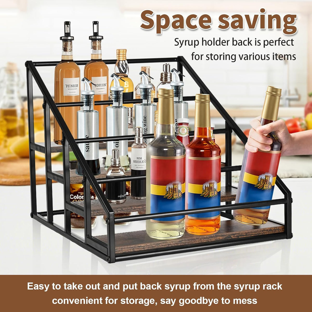 YQBRAO 4-Tier Coffee Syrup Organizer, 16-Bottle Rack, Rustic Brown | Holds up to 16 bottles with stepped visibility; rustic wood and metal design for syrups, kitchens, and home coffee bars. - Field & Nook