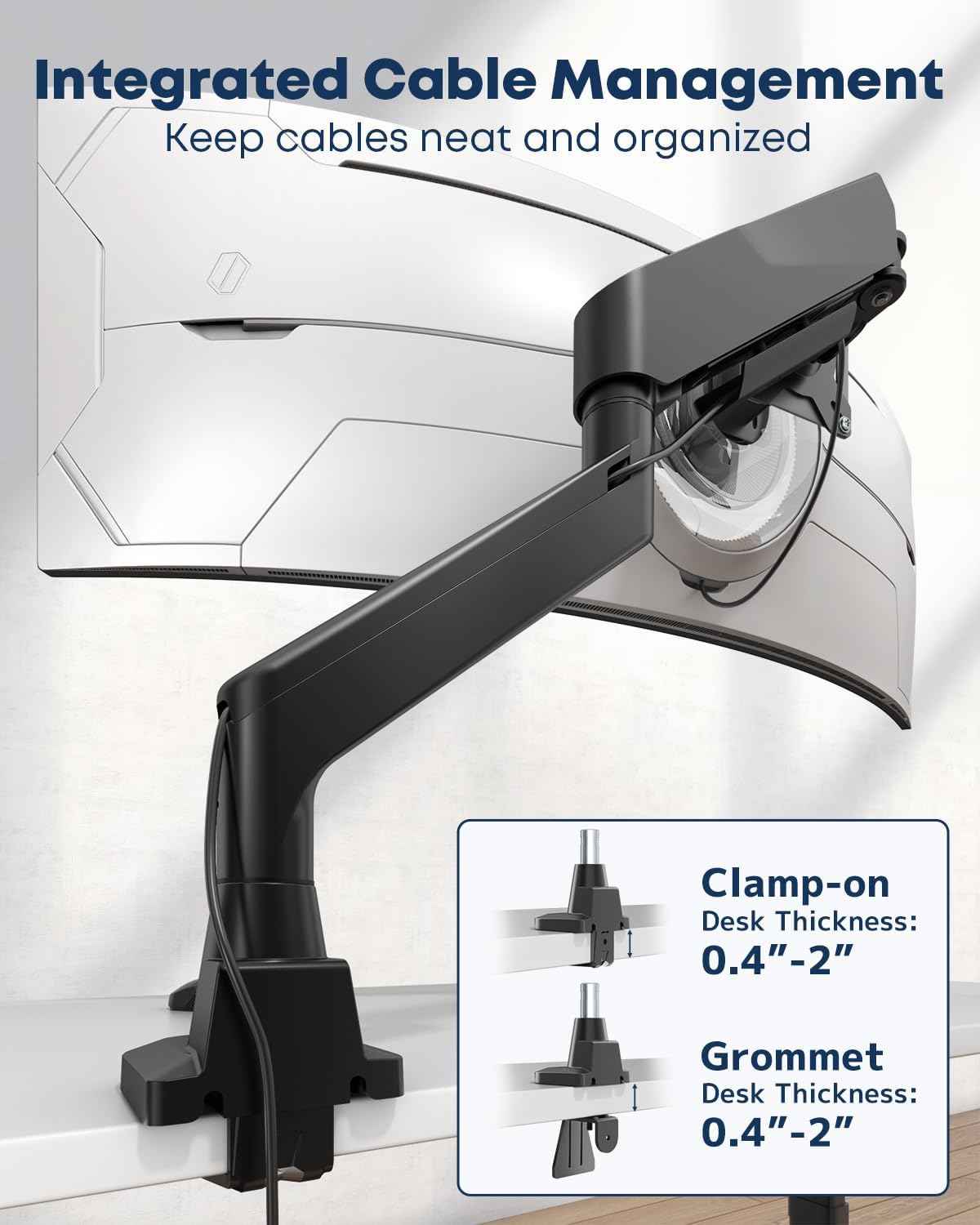 Ultrawide Monitor Arm fits 17-49 Inch Heavy Duty Flat/Curved Monitor | Cable Management, Full Motion, Gas Spring Arm, Holds 35.2 lbs with Clamp & Grommet Desk Mount, VESA 75/100mm, Black