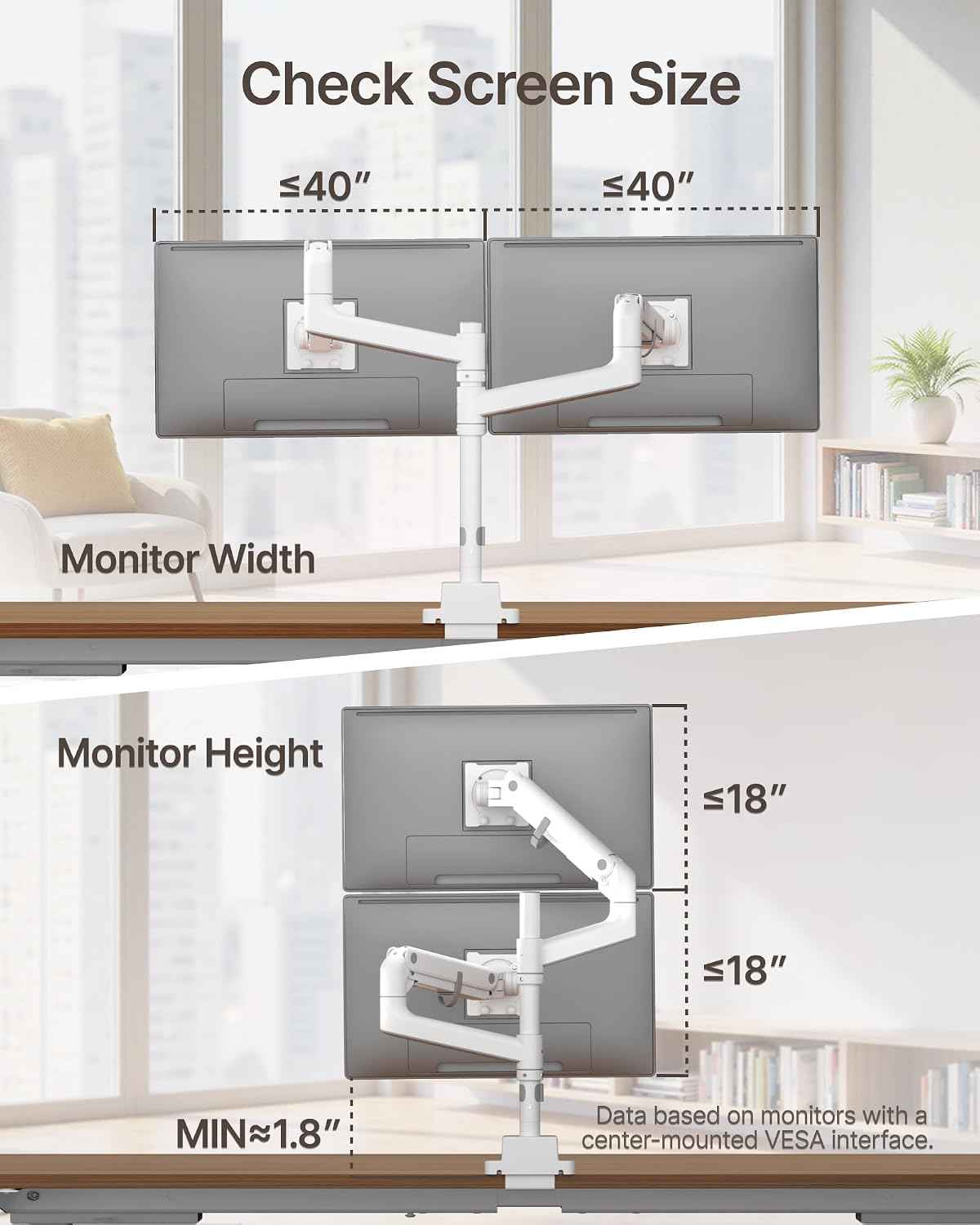 monTEK Dual Monitor Arm, Vertical Stackable 57", Heavy Duty with USB White | Vertical Stackable Gas Spring Arm For 17–57" Ultrawide Monitors,Up To 59.4 Lbs Each, 75/100 VESA Mount with USB 3.0A/C