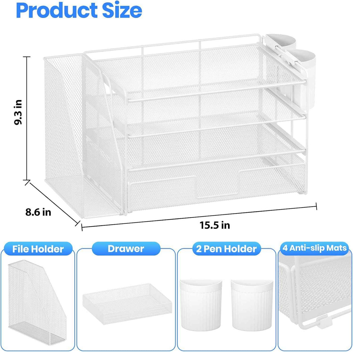 Desk Organizer, 4-Tier Desktop File Organizer with Drawer and Pen Holders, Office Desk Accessories, File Sorters, Workspace Organizers for Office Supplies(White)