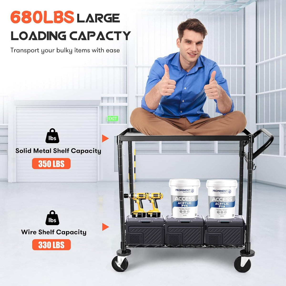 680Lbs Capacity Heavy Duty Rolling Utility Cart,2 Tier Rolling Carts with Wheels,Commercial Grade Metal Cart with Handle Bar & Shelf Liner,Trolley Serving Cart for Restaurant,Kitchen,Black - Field & Nook