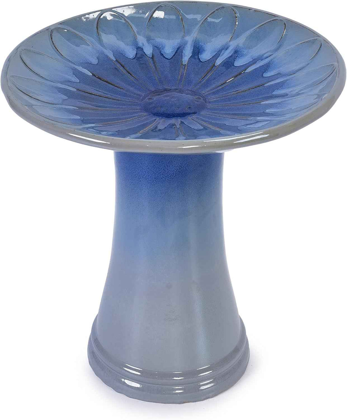 Ceramic Bird Bath for Outside, 16.93 Inch Pedestal Bird Bath Bowls, Blue + Grey Glazed Birdbaths with Floral Embossed Design, Perfect for Outdoors, Garden, Patio, Yard, 18.11 Inch Tall