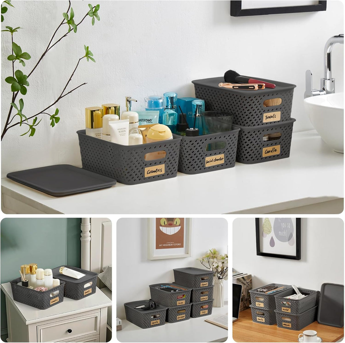 Small Plastic Twill Woven Storage Baskets with Lids, Stackable Organizing Containers with Labels for Pantry Closet Office, 6-Pack,10.35"x7.3"x4.09", Gray - Field & Nook