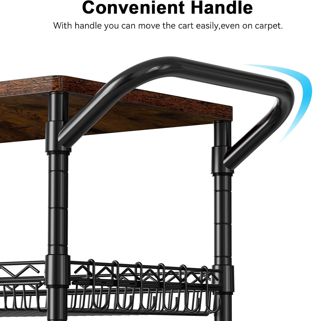 3 Tier Rolling Carts with Wheels, Heavy Duty Rolling Utility Cart with Wood Tabletop, Commercial Grade Metal Cart with Handle and Hooks, NSF Storage Serving Carts for Kitchen Island, Wood+Metal - Field & Nook