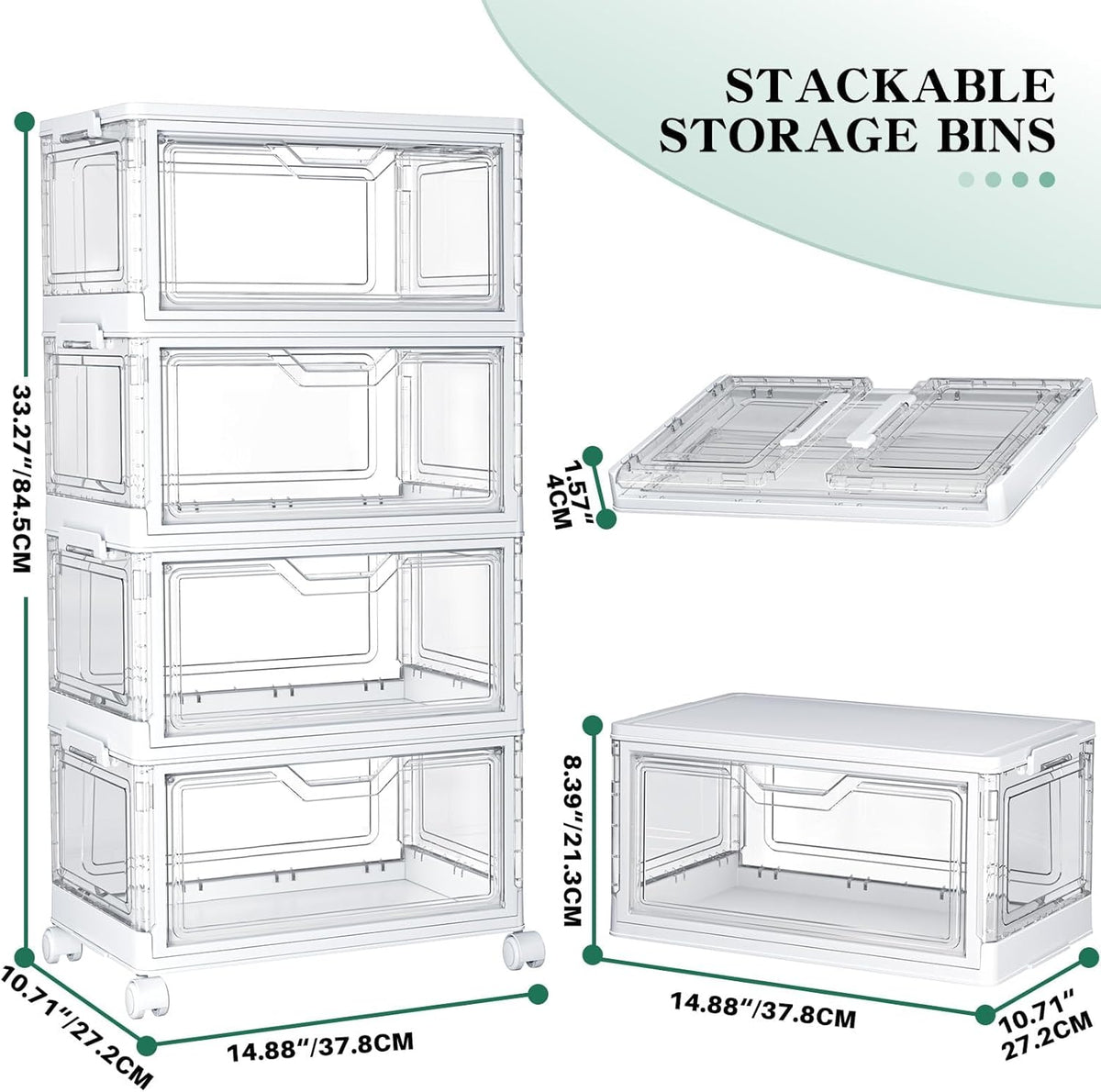 Kmiectse Clear Storage Bins with Lids - 4 Tier 23qt Plastic Stackable Bins | Closet Organizers Box for Bedroom, Living Room, 23 QT Folding Box with Magnetic door - Field & Nook