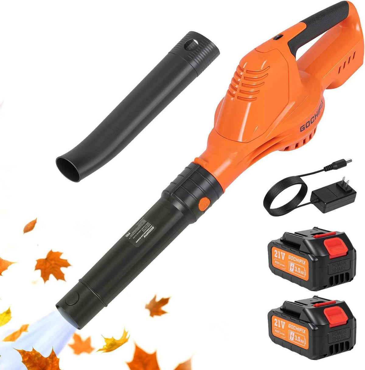 GOCHIFIX Leaf Blower Cordless, 2 * 21V 3.0Ah Battery and Charger, 5 Speed Levels, Lightweight 180 CFM 130 MPH Electric Powered Blower w/Extension Tube for Patio Lawn Care, Leaf Dust Blowing