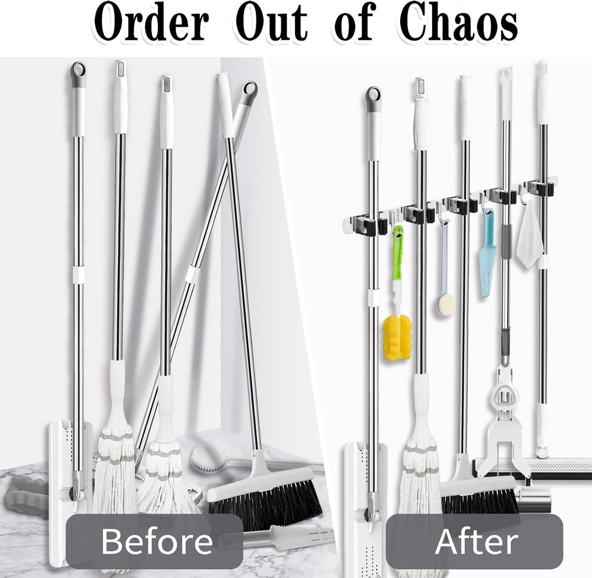 AceMining Broom Holder Wall Mount, 5 Racks 4 Hooks Heavy Duty Mop Organizer | Mop Holder Wall Mount and Broom Hanger for Garage, Laundry Room, Kitchen and Utility Storage - Field & Nook