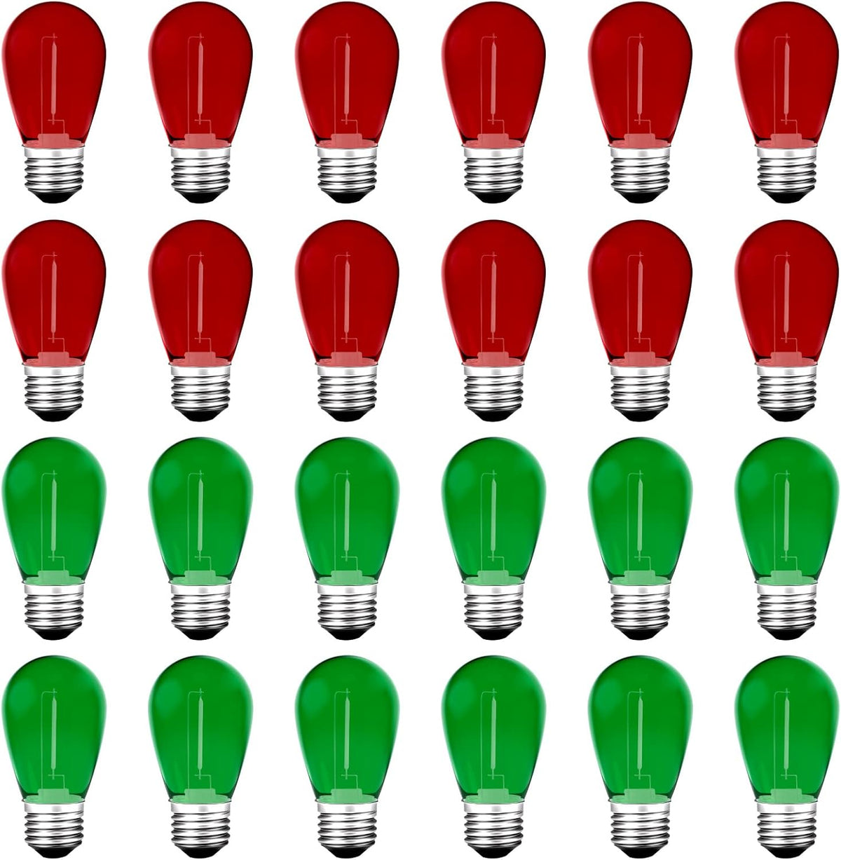 S14 Colored LED String Light Bulbs, 24-Pack 1W Plastic Shatterproof Waterproof Outdoor Indoor Replacement Bulbs for Home Decor, E26 Medium Screw Base, Red and Green Christmas Bulbs