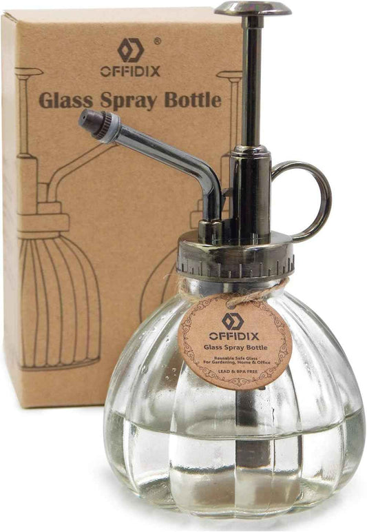 OFFIDIX Transparent Glass Watering Spray Bottle, 6.3 Inches Tall Vintage Style with Bronze Plastic Top Pump One Hand Plant Mister Glass Watering Can Indoor