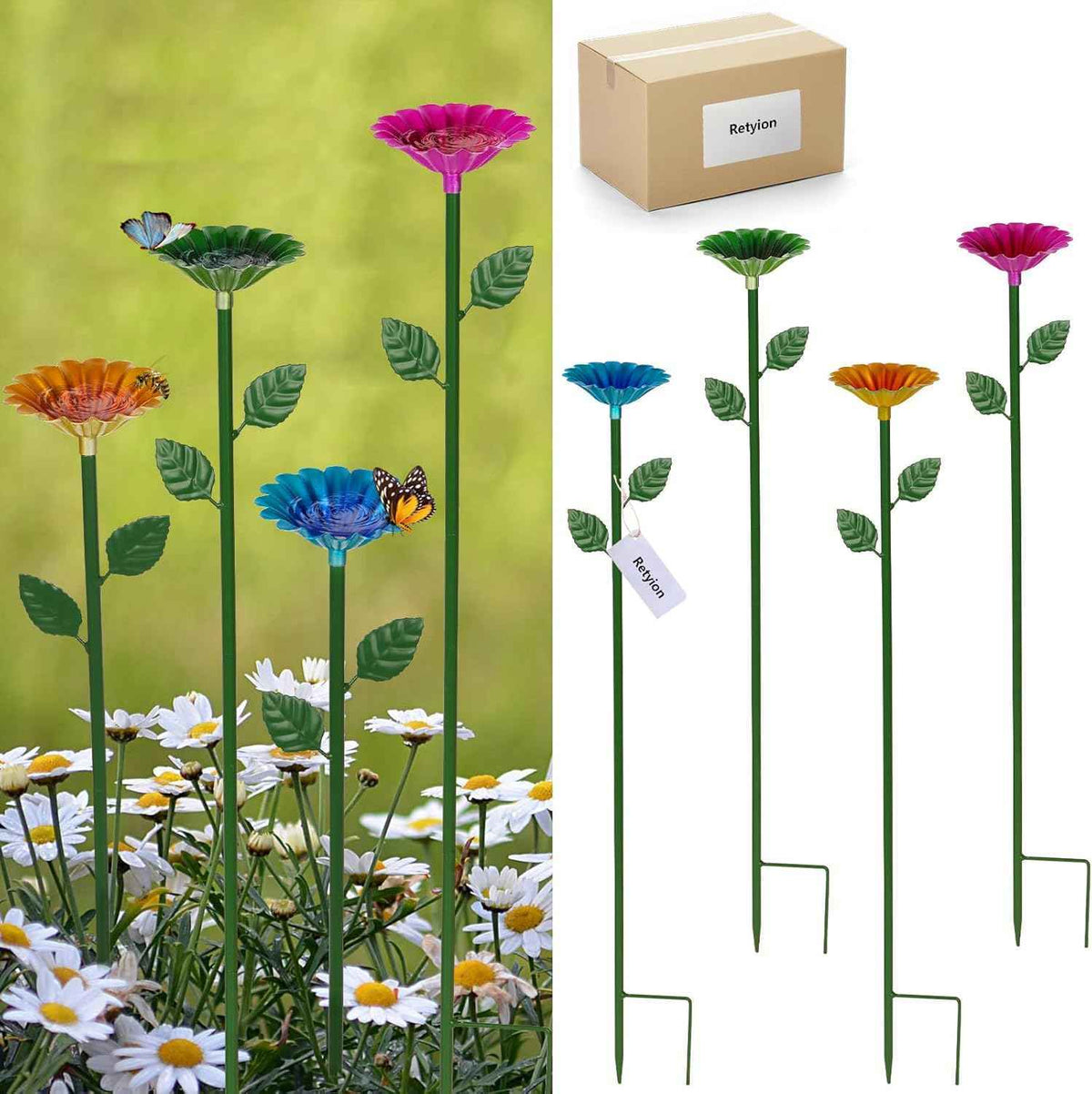4 Pack Bee Watering Station, Bee Bath for Garden Metal Bee Water Feeder with Flower Design, Colorful Butterfly Bee Bath Bowl for Outdoor Garden Yard Decor (Red,Green,Blue,Yellow)