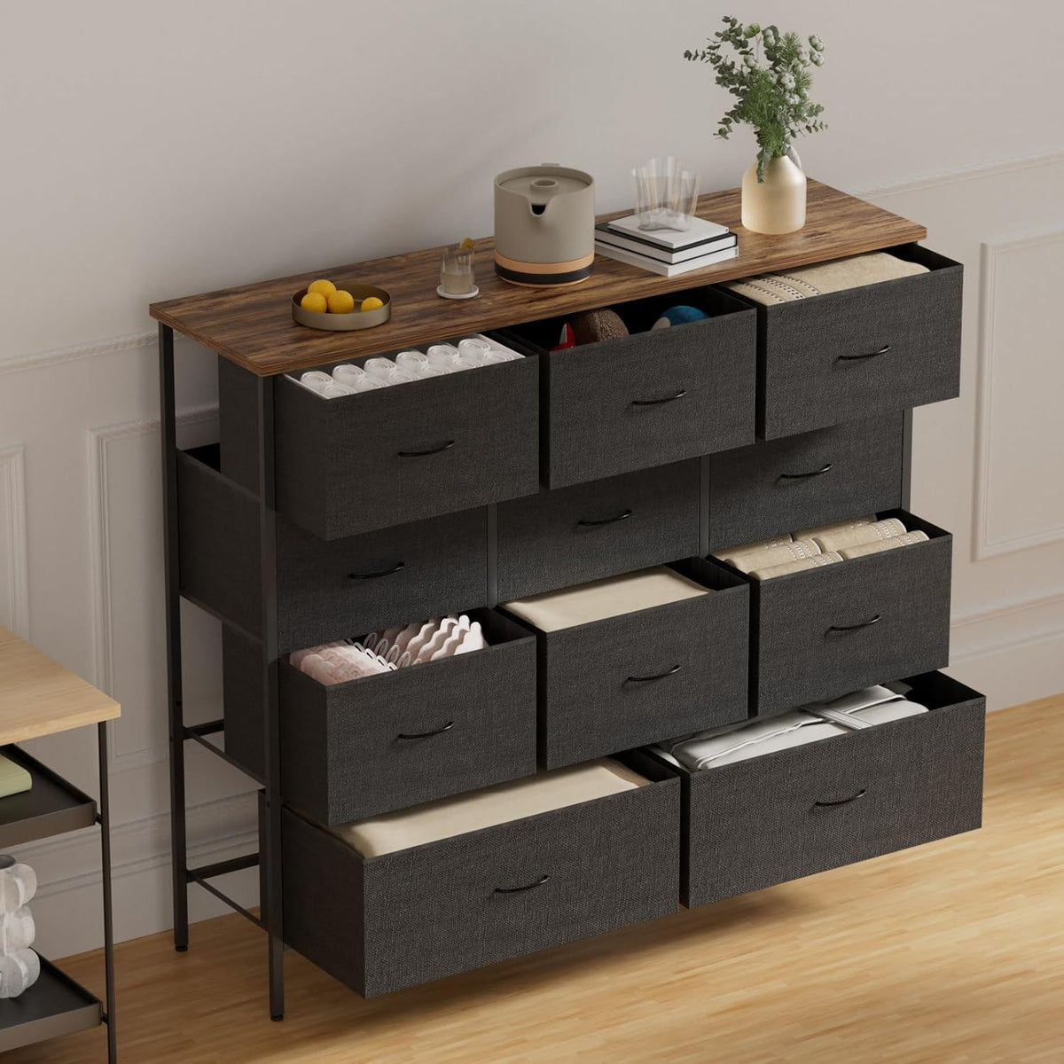 11-Drawer Wide Dresser with Wood Top – Fabric Storage Chest for Bedroom, Closet & Entryway (Black)