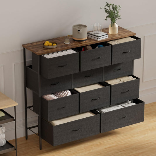 11-Drawer Wide Dresser with Wood Top – Fabric Storage Chest for Bedroom, Closet & Entryway (Black)
