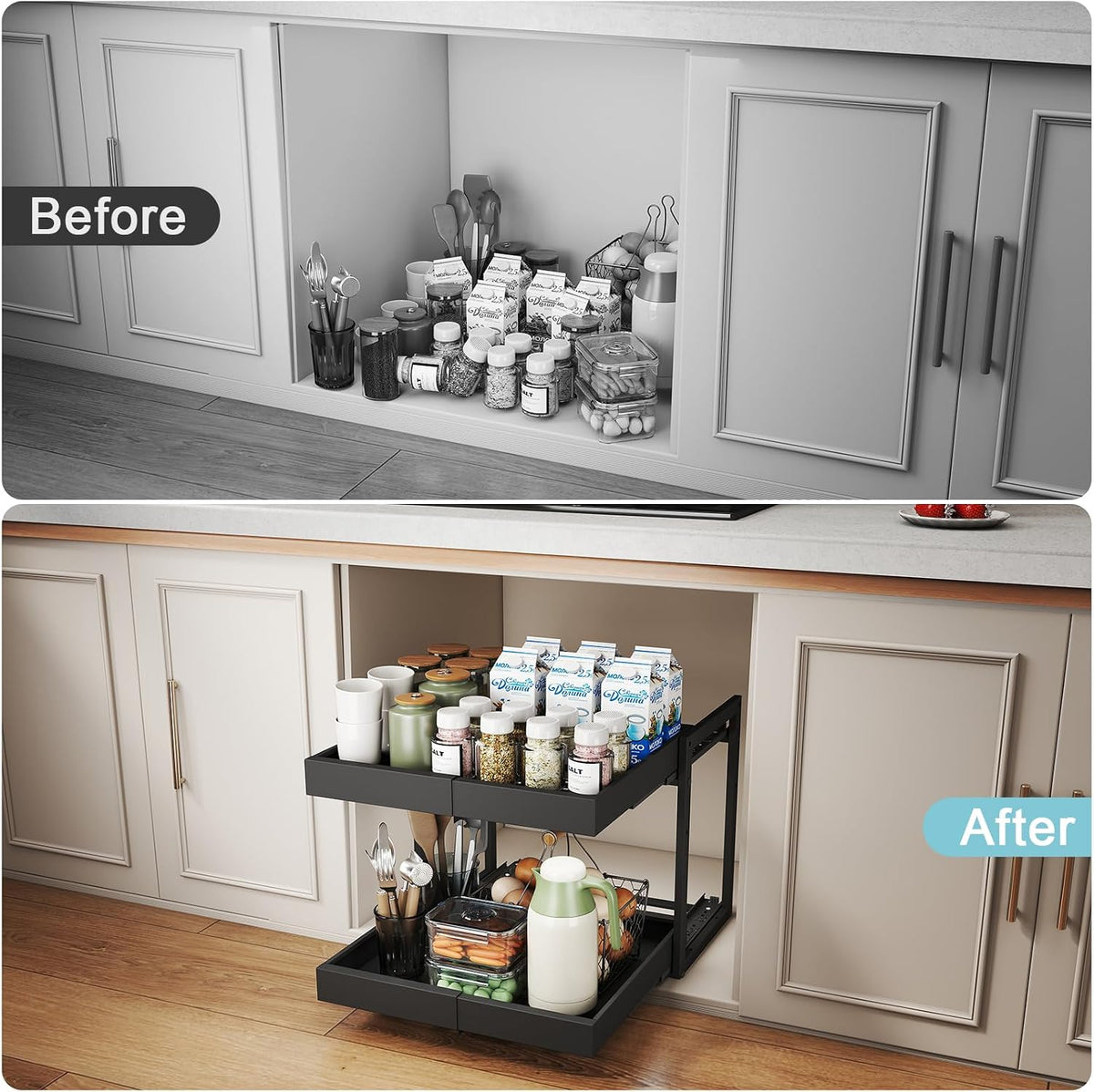 2-Tier Expandable Pull Out Cabinet Organizer, 16"D, Black