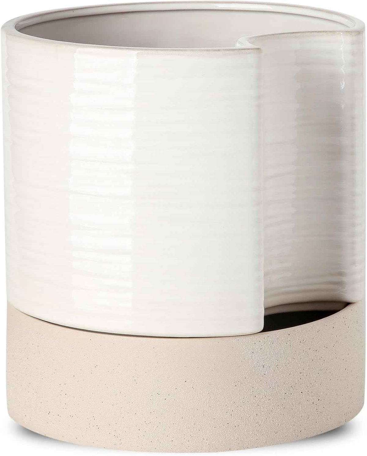 Nihow Self Watering Plant Pot: 8 Inch Ceramic Planter with Drainage Hole & Water Storage Plus for Indoor & Outdoor Plants - Cylinder Round Flower Pot for Succulent/Herbs/Violets - Cream White & Brown