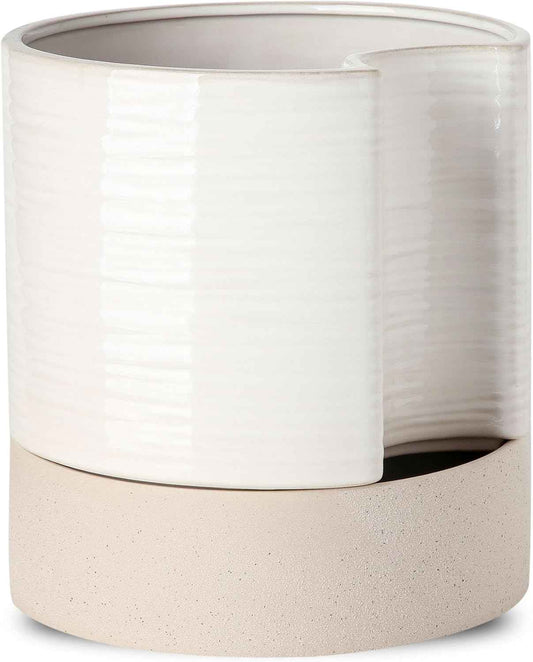 Nihow Self Watering Plant Pot: 8 Inch Ceramic Planter with Drainage Hole & Water Storage Plus for Indoor & Outdoor Plants - Cylinder Round Flower Pot for Succulent/Herbs/Violets - Cream White & Brown