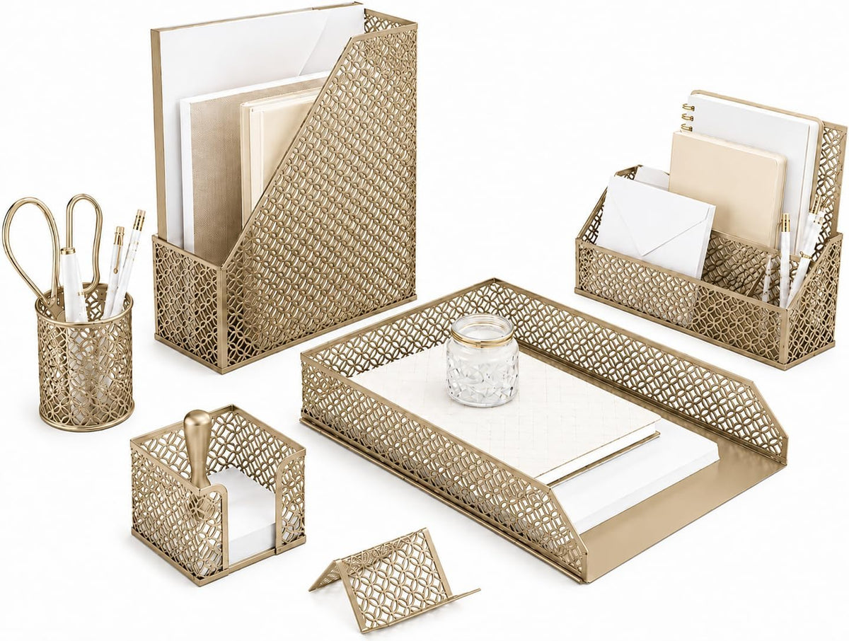 BLU MONACO | Gold Desk Organizer Set with Mail Sorter, Sticky Note Holder, Pen Cup, Magazine Holder, Letter Tray & Business Card Holder | Stylish Desk Accessories for Women & Home Office Décor - Field & Nook