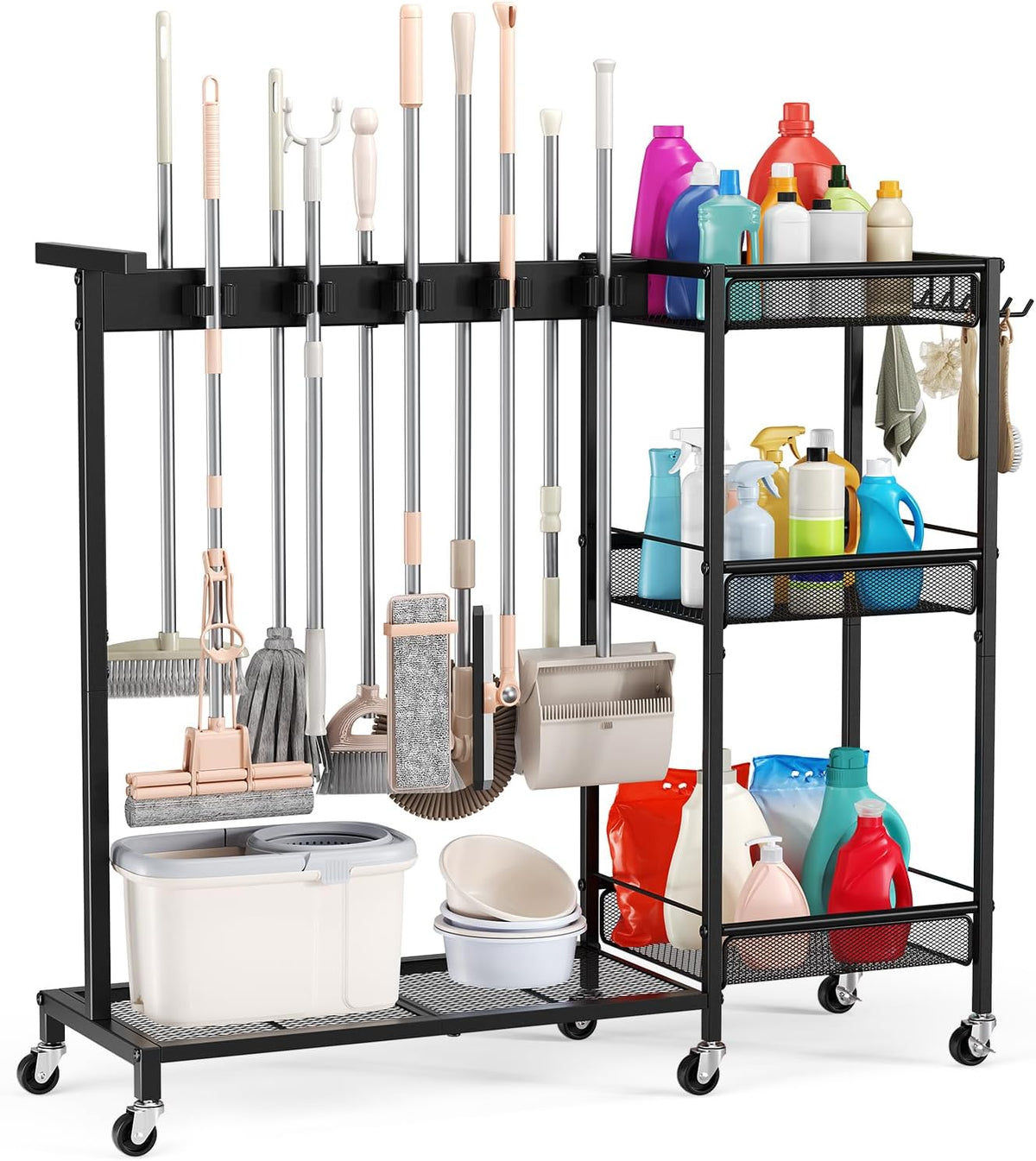 Broom Holder with Cleaning Supplies Organizer – 3-Tier Shelves - Field & Nook