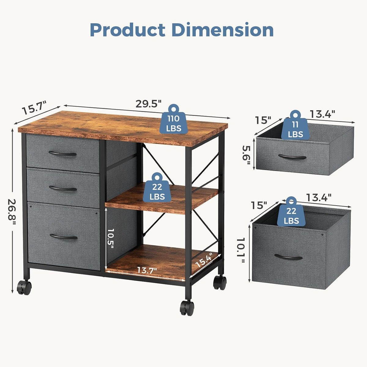 DUMOS 3-Tier Mobile File Cabinet, Rolling Printer Stand with Storage | Fabric Lateral Filing Cabinet fits A4/Letter Size, Under Desk Drawer Cabinet, Printer Cart for Home Office, Gray - Field & Nook