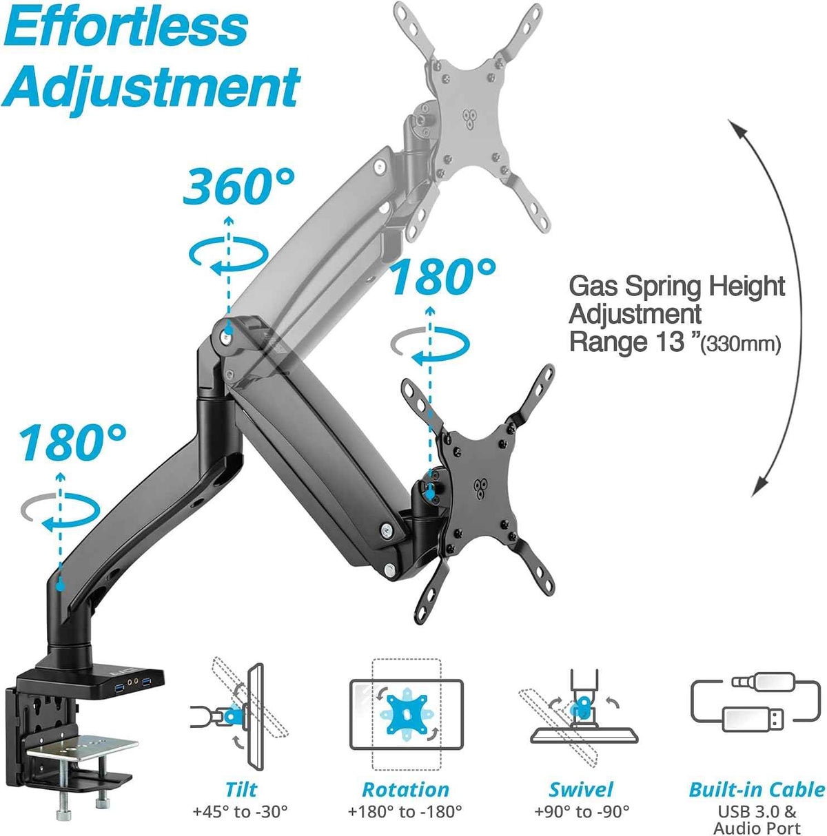 AVLT Single 17"-49" Super Ultrawide Monitor Arm Desk Mount Black | Screens up to 50 lbs Premium Aluminum Stand Adjustable Pneumatic Height Full Motion Swivel Tilt Rotation USB 3.0 & AUX Ports