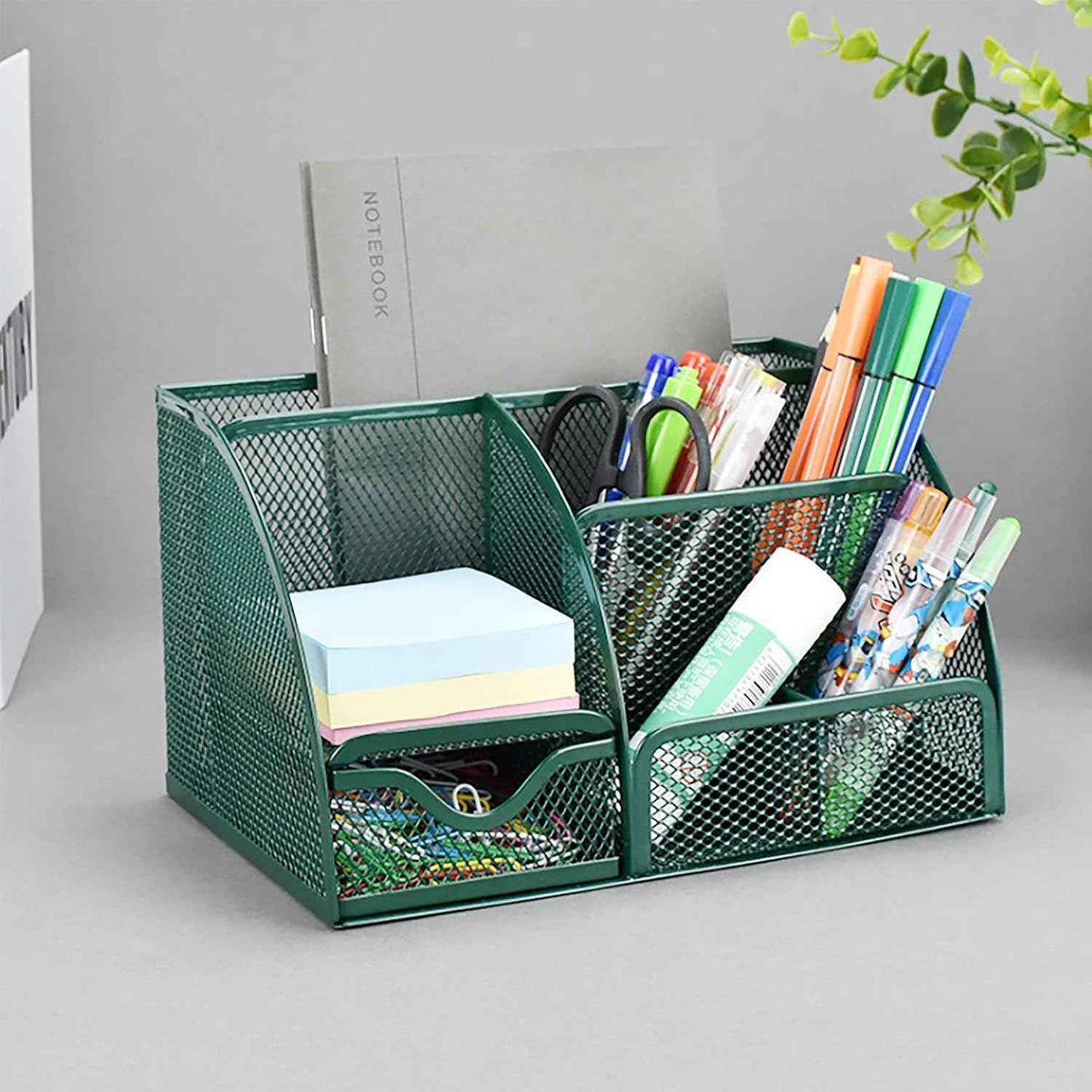VANRA Office Supply Caddy Metal Mesh Desktop Supplies Organizer School Supply Holder Stuff Storage Organizer 6 Compartments with Drawer (Olive Green)