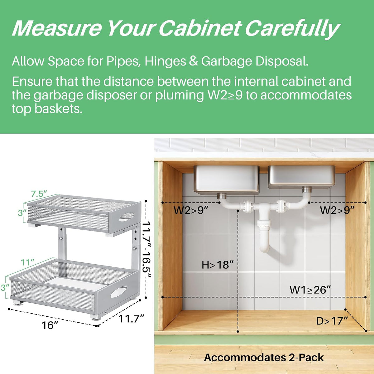 Under Sink Organizer, 2-Pack Pull Out Cabinet Organizer 2 Tier Metal Slide Out Storage Shelf Rack, L-Shaped Adjustable Height,Mesh Sliding Drawer for Kitchen, Bathroom, Laundry, Pantry, Grey, XL - Field & Nook
