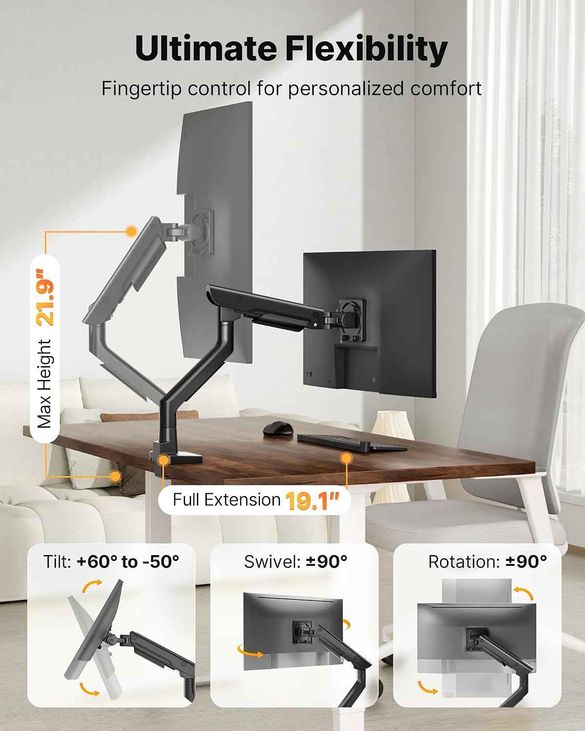 monTEK USB Monitor Arm for 17-57" Ultrawide, 59.4 lbs, Black | USB-A/C ports, pneumatic lift, quick-release VESA 75/100 plate, clamp/grommet bases and cable management