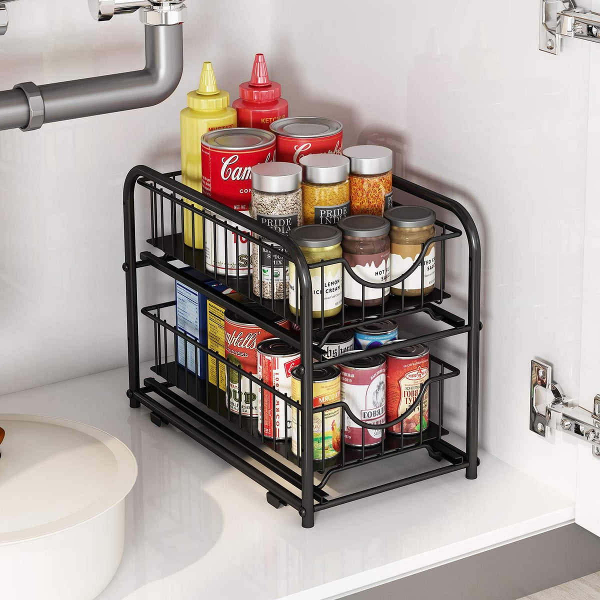 2-Tier Pull Out Organizer Under Sink Sliding Cabinet Rack,Black | Stackable Sliding Storage Drawer organizer with adjustable height and anti slip pad. Kitchen,Office or Cabinet Storage - Field & Nook