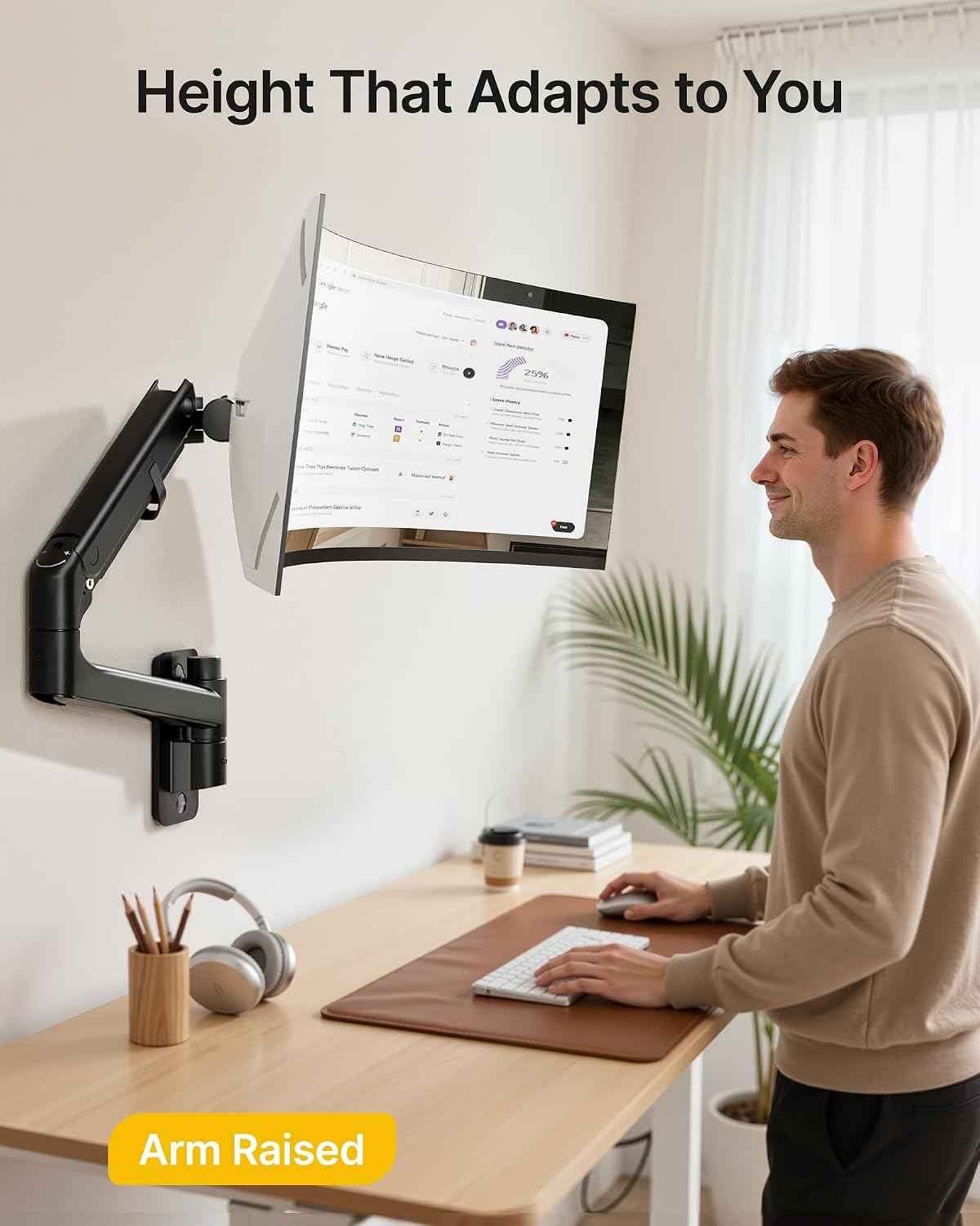 monTEK Single Monitor Wall Mount, 17–57" Gas Spring Arm, Heavy Duty, Black | Fits Max 57" Curved & Ultrawide Monitors, Holds Up To 59.4 Lbs, Full Motion Wall Mount, Compatible With 75/100mm VESA
