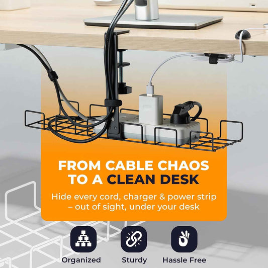 Clamp-On Under-Desk Cable Management Kit – Metal Tray with Sleeve, Clips and Ties, Black