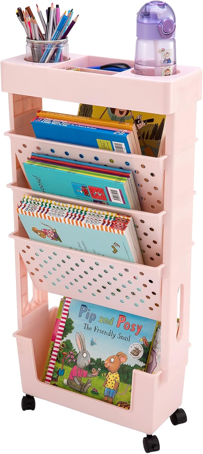 Pink Rolling Office Paper Organizer, Mobile Book Cart Document Folder File Storage with Pen Holder, Slim Rolling Storage Cart Movable Bookshelf for Office, Dorm, Classroom, Nursery - Field & Nook