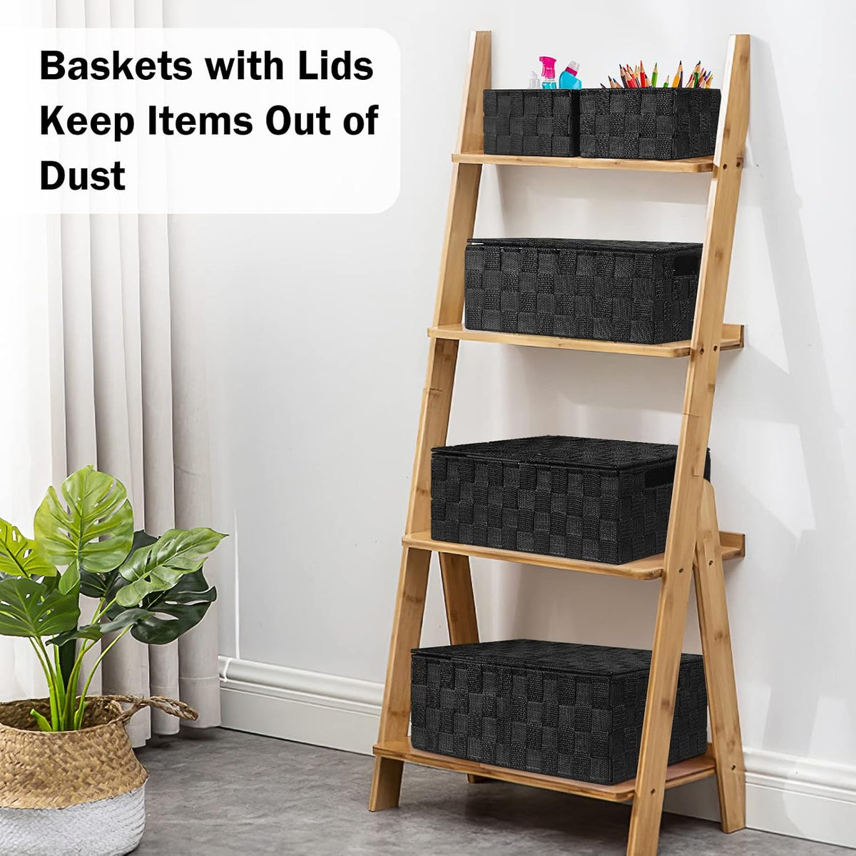 Storage Baskets with Lids: 5 Pack Stackable Woven Storage Bins, Black | Decorative Woven Baskets for Organizing with Built-In Handles for Shelves, Closets, Cabinets and Cubbies, Gift Small Basket - Field & Nook