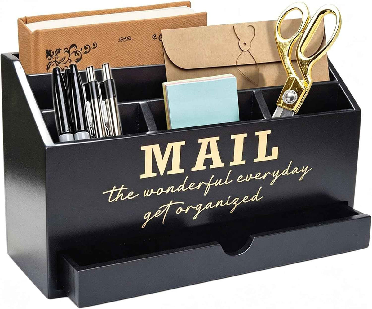 EXQUIDECA Wooden Black Rustic Countertop Mail Storage Holder with Drawer and Compartments - Office Desk Accessories and Workspace Organizers - Desktop Sorter for Pen Stationery Letter Files Documents