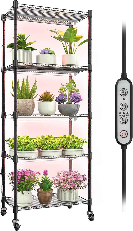 Plant shelf with grow light, 5-Tier metal Plant Stand with 4-Pack 72W Full Spectrum Grow Lights, Auto Timer，Ladder Flower Pot Stand indoor 23.2" L x 13.4" W x 61.4" H