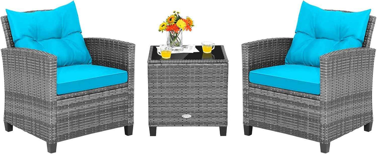 Tangkula 3 Pieces Patio Furniture Set, Outdoor PE Rattan Conversation