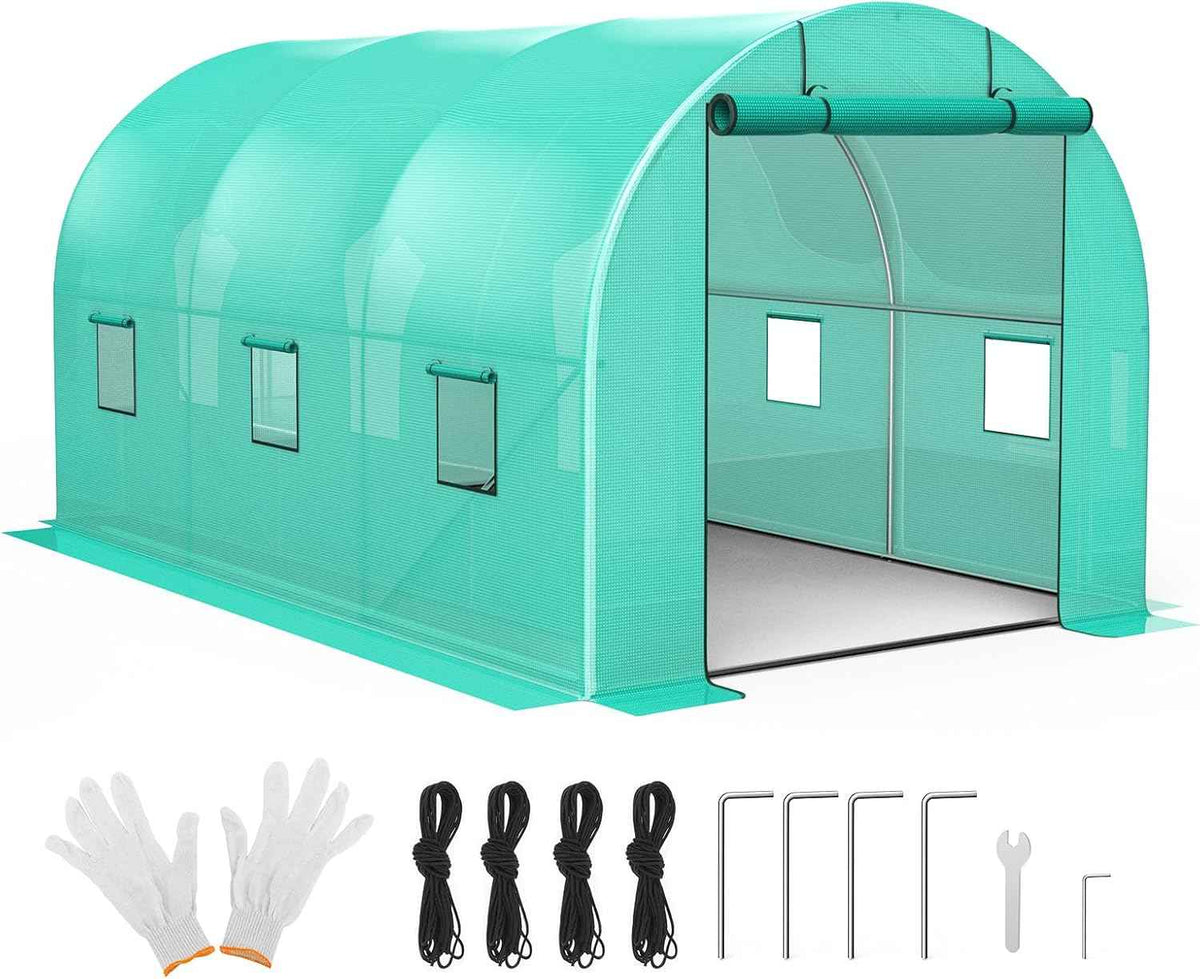 OUTLANE 13x8x7ft Walk-in Greenhouse with Roll-Up Zipper Door, 6 Windows, Galvanized Steel Frame & Green PE Cover for Outdoor Plants Vegetables Gardening