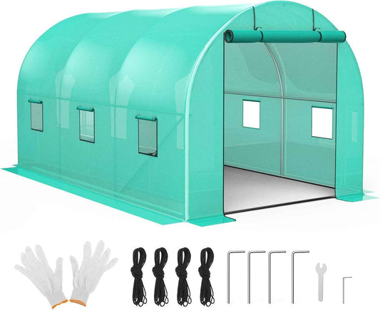OUTLANE 13x8x7ft Walk-in Greenhouse with Roll-Up Zipper Door, 6 Windows, Galvanized Steel Frame & Green PE Cover for Outdoor Plants Vegetables Gardening