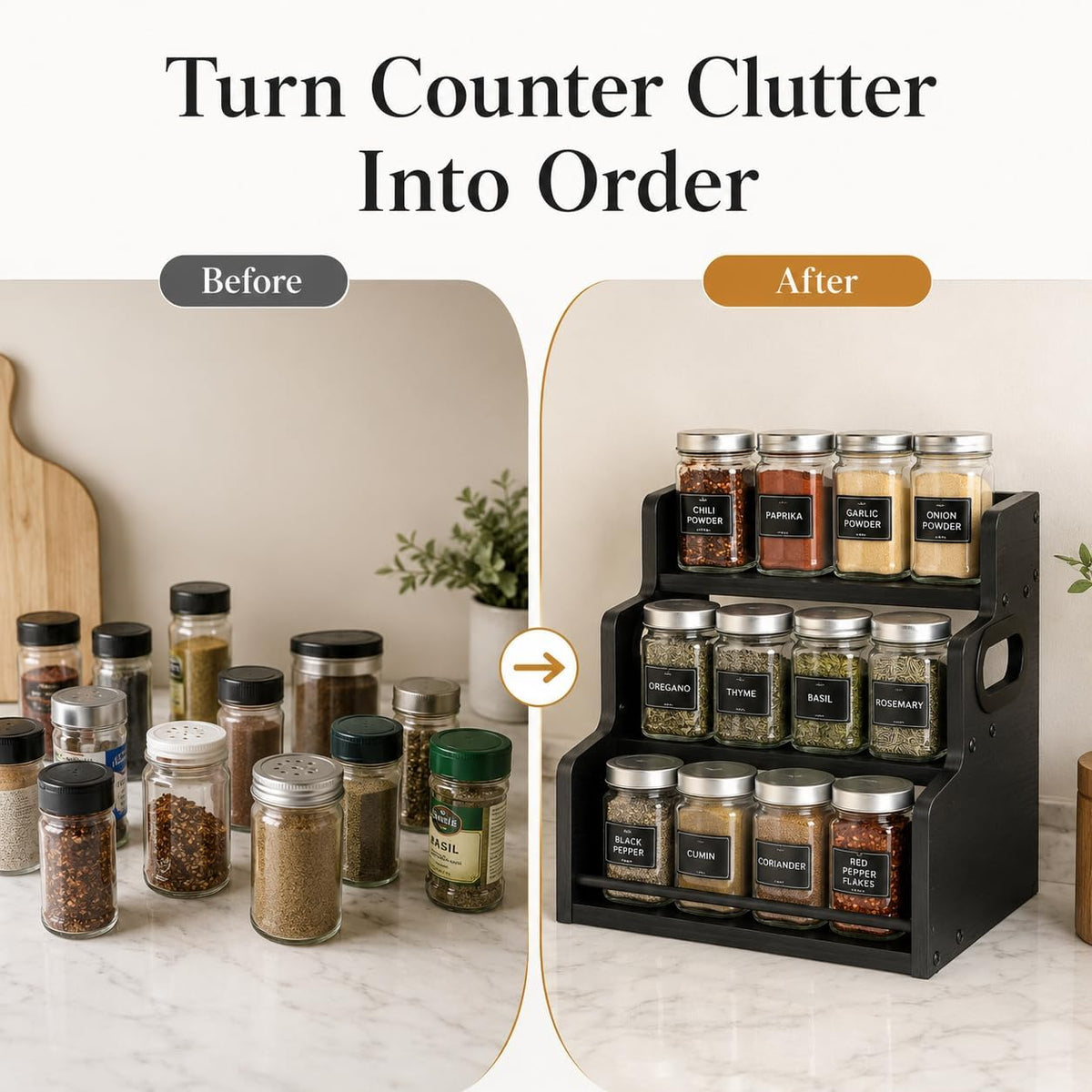 3-Tier Spice Rack Organizer for Cabinet – Wood Spice Shelf Storage – Black - Field & Nook