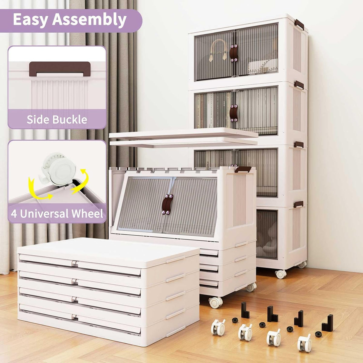 Luxdecor 185Qt Storage Bins With Lids-Stackable Plastic Storage Bins on Wheels, Closet Organizers and Storage,Collapsible Storage Cabinet with Doors for Home Office Garage Under Stairs,3 Tier White - Field & Nook