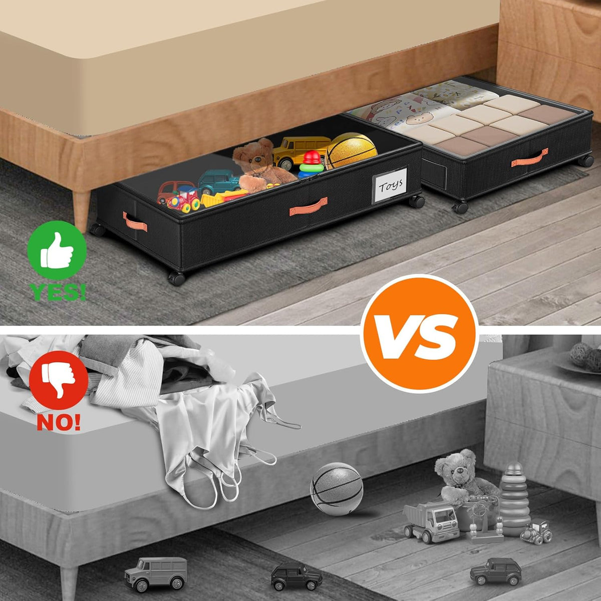 Under Bed Storage with Wheels,2-Pack Under Bed Storage Containers with Clear Lids,XXL Large Under the Bed Storage Organizer Bins With Handles,Space Saving Design for Clothes,Shoes,Books-Black - Field & Nook