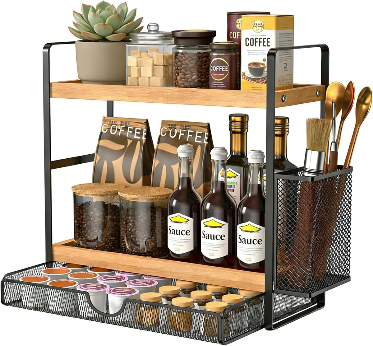 2-Tier Spice Rack Organizer for Countertop with Drawer and Basket - Field & Nook