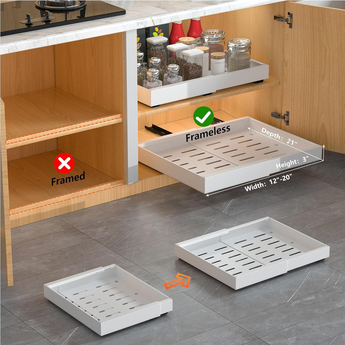 4 Pack Expandable Pull Out Cabinet Organizer | fixed by nano adhesive film,heavy duty sliding drawer,suitable for kitchen,pantry cabinet storage - Field & Nook