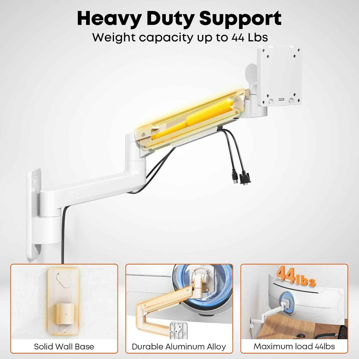 PUTORSEN Ultrawide Monitor Wall Mount - Heavy Duty Monitor Arm for Screen up to 57 inches and 44 lbs with Gas Spring, Full Motion Adjustable, Max VESA 200x200