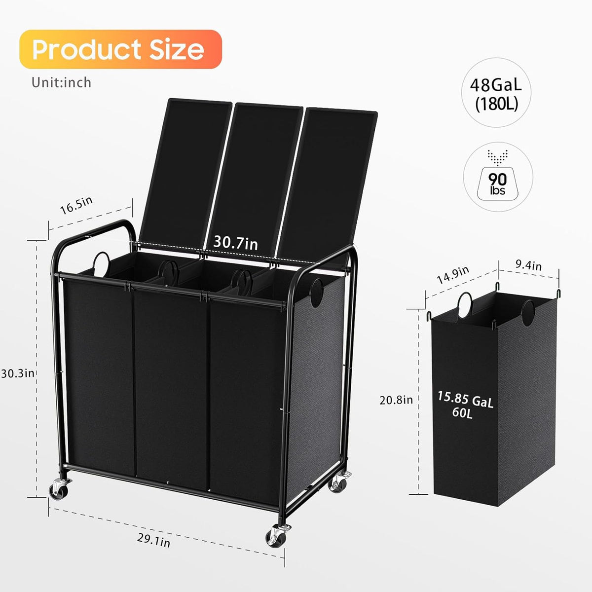 180L 3-Section Rolling Laundry Hamper with Lid - Field & Nook
