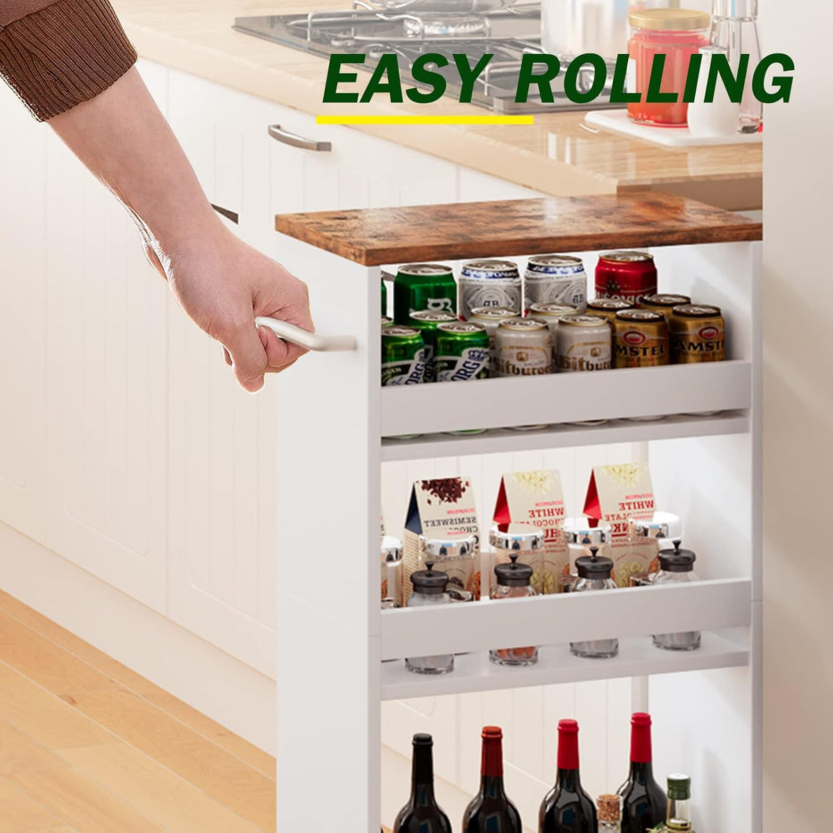 Handled Slim Kitchen Cart – Four-Tier Slide-Out Storage