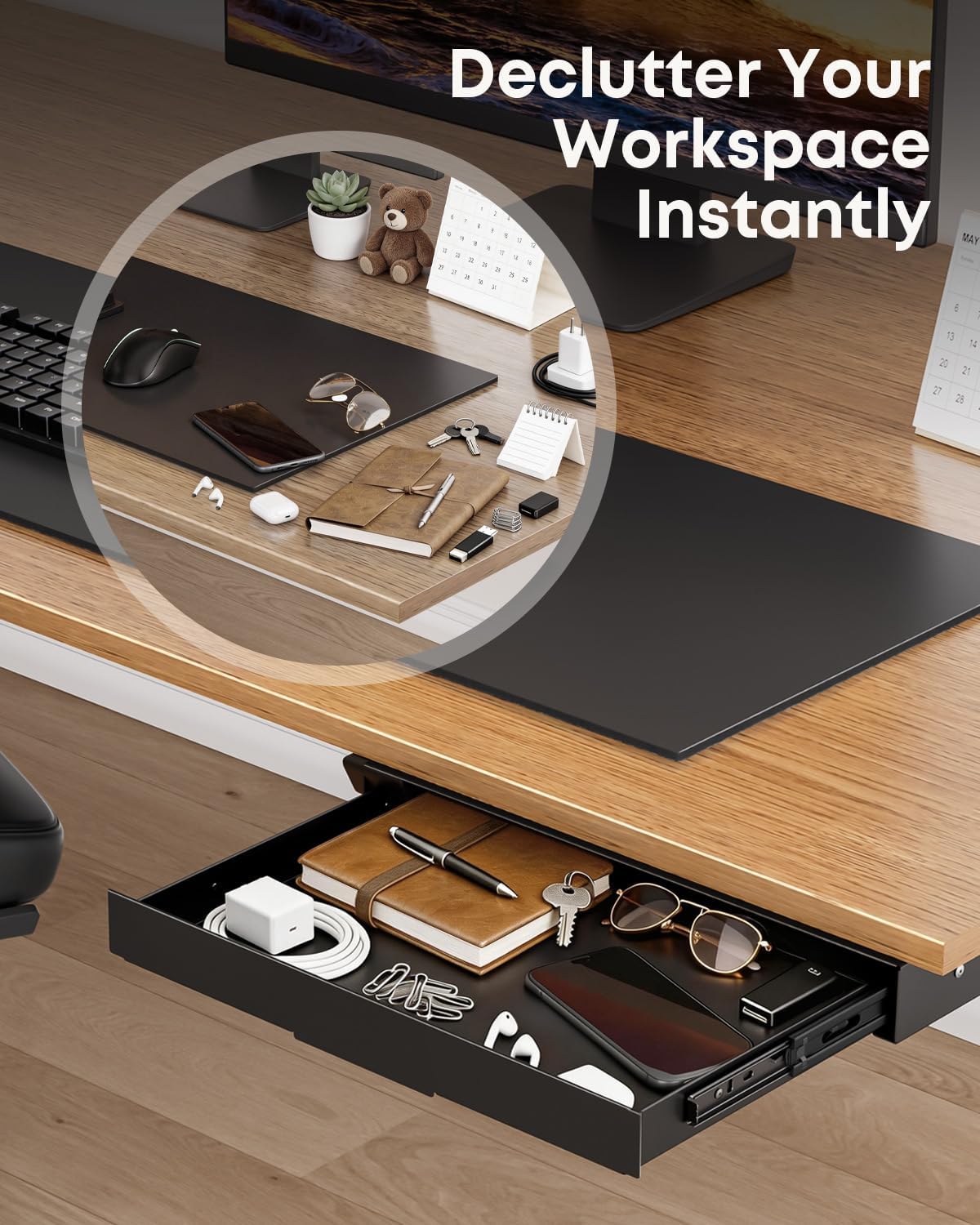 PUTORSEN Under Desk Storage Drawer 14.8" Wide - Smooth Slide Out Organizer for Standing Desk & Home Office, Max Load 17.6 lbs, Quiet Glide, Black - Field & Nook